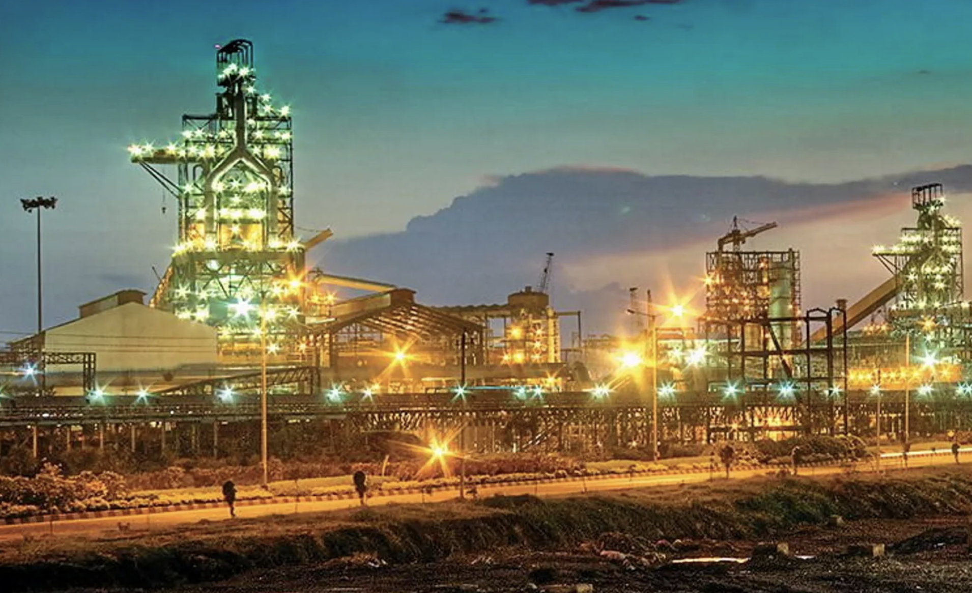 A steelworks in India lit up at night